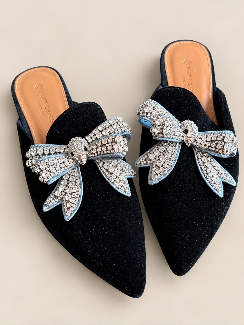 Kurt Geiger London Olive Crystal Bow Black Velvet Mules Size 40